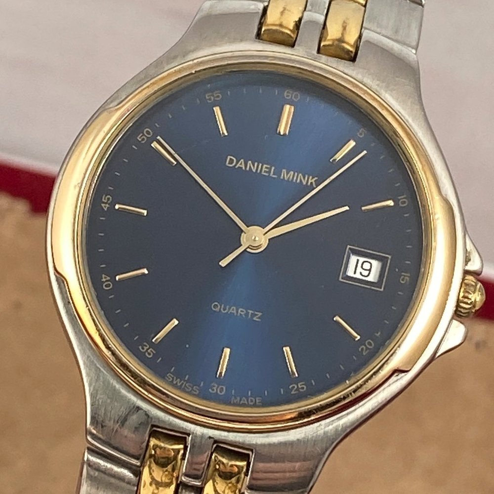 Vintage 2 Tone Daniel Mink Swiss Made Watch Elegantly Styled Blue Face